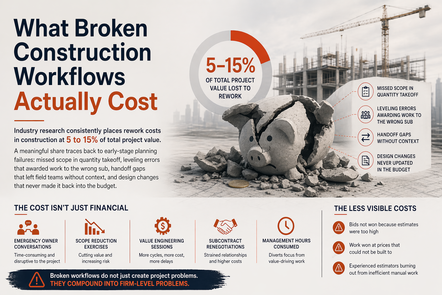 Broken construction workflows leading to 5 to 15 percent project value loss due to rework, quantity takeoff errors, bid leveling mistakes, and poor project handoffs