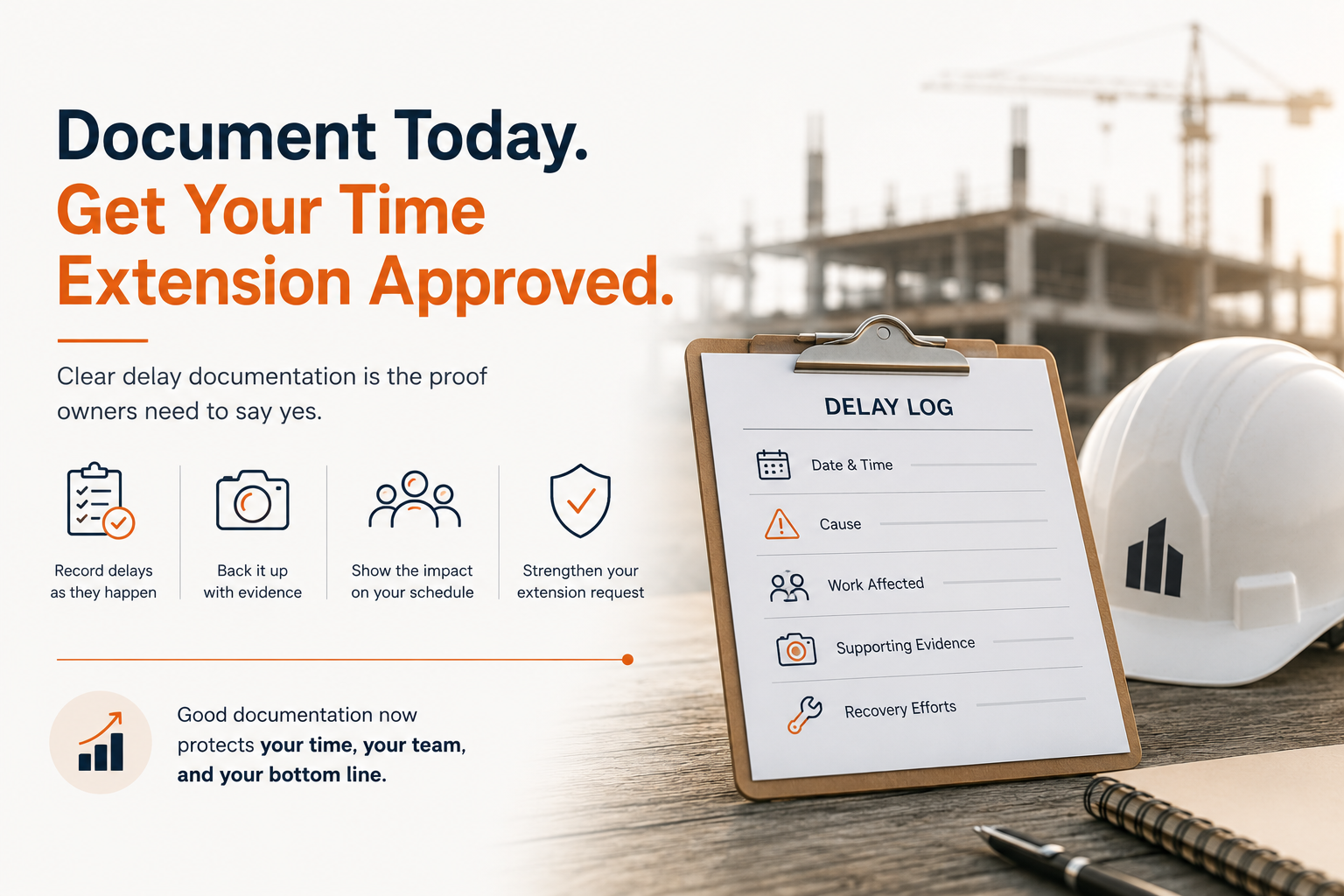 Construction delay documentation checklist illustrating how accurate delay logs and supporting evidence help contractors obtain construction time extension approval.