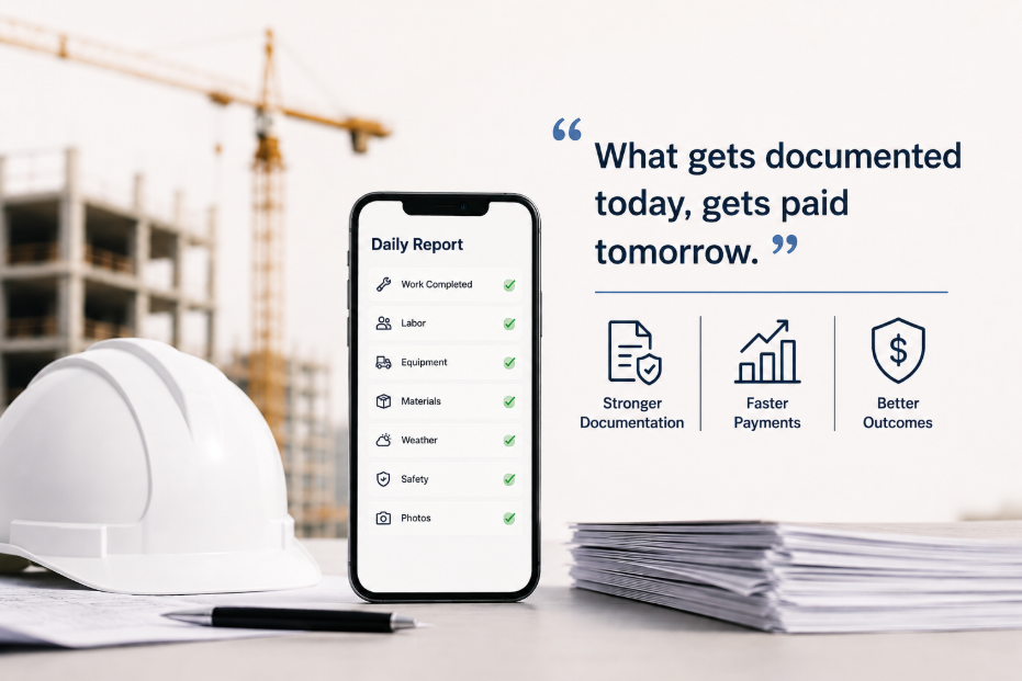 Digital construction daily reporting system with mobile reporting app, hard hat, and project documents highlighting stronger documentation, faster payments, and better project outcomes.