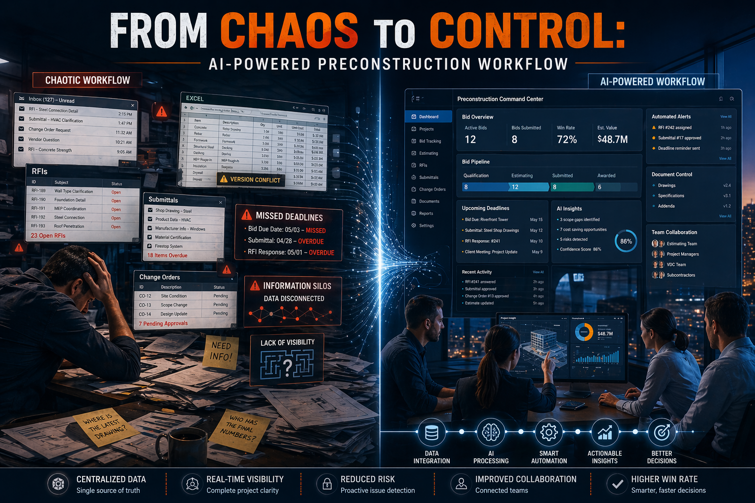 Split-screen comparison of chaotic construction workflow with scattered emails, RFIs, and missed deadlines versus organized AI-powered preconstruction dashboard with streamlined data, automation, and team collaboration.