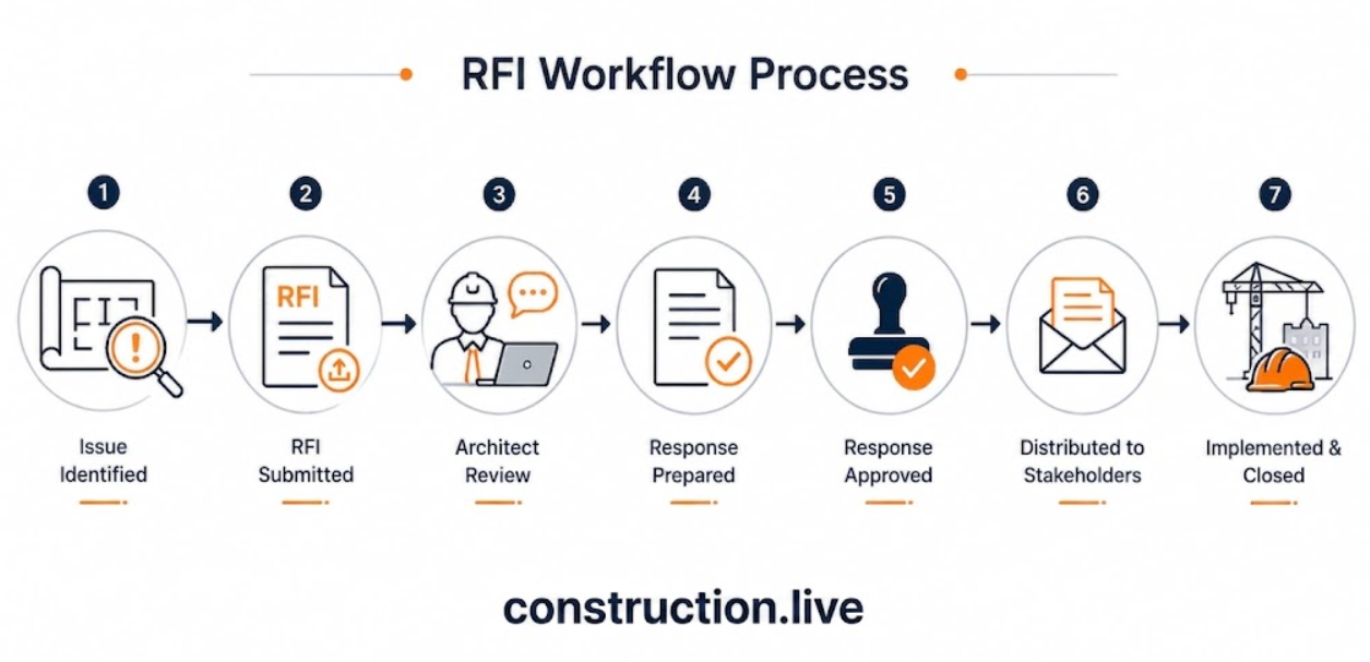 A 7-step construction RFI workflow process diagram: Issue Identified, RFI Submitted, Architect Review, Response Prepared, Response Approved, Distributed to Stakeholders, and Implemented & Closed.