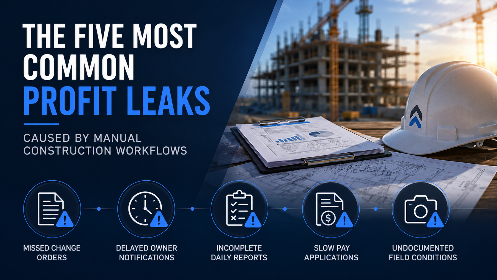 Construction workflow infographic showing how manual project management causes profit loss through missed change orders, delayed notifications, incomplete daily reports, slow pay applications, and undocumented field conditions.