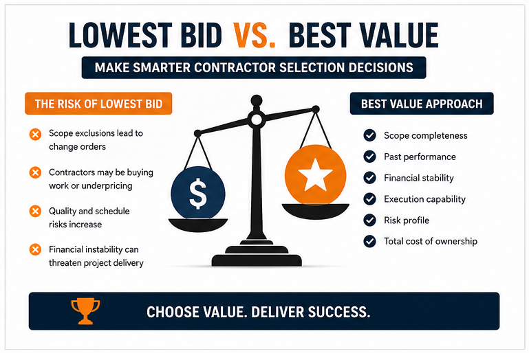 A scale weighing the risks of the lowest bid against the best value approach, featuring factors like scope completeness and financial stability.