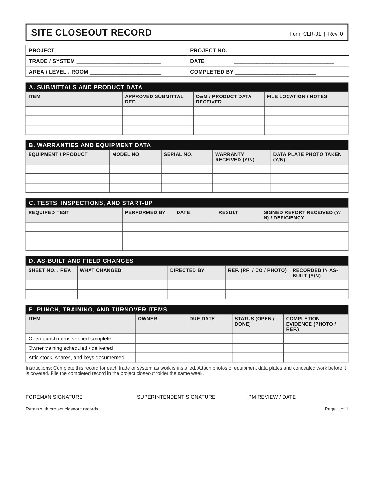 Site Closeout Record form covering submittals, warranties, tests, as-built changes, and punch items