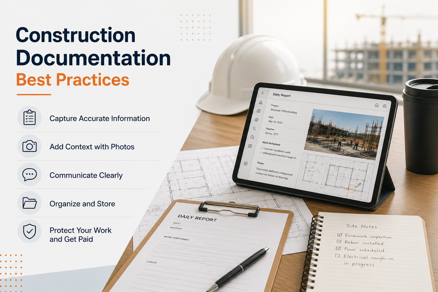 Construction documentation workflow showing field reporting, project records, and communication between field and office teams