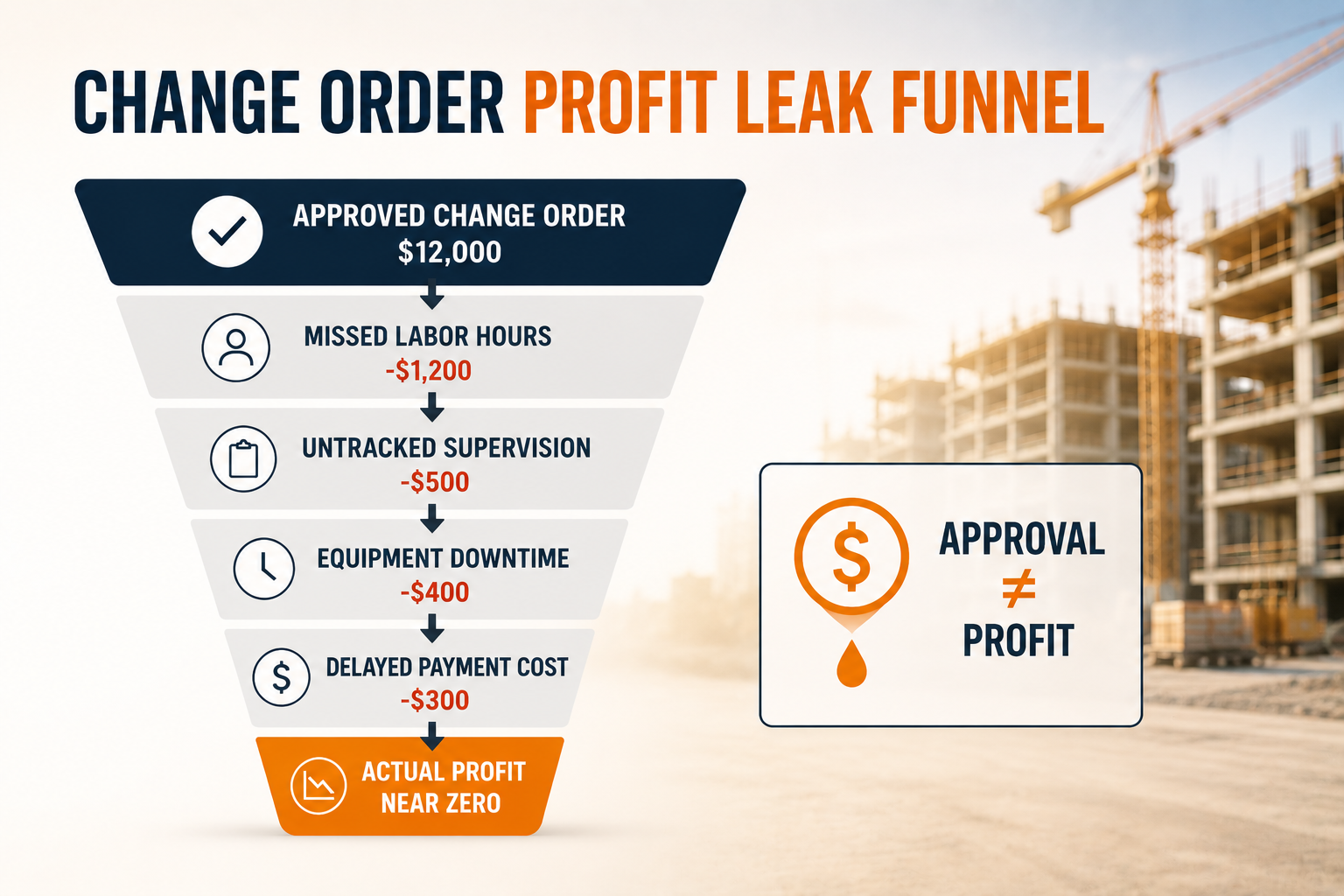 An infographic titled "Change Order Profit Leak Funnel" showing how a $12,000 approved change order gets reduced to near-zero actual profit. The funnel lists deductions for missed labor hours, untracked supervision, equipment downtime, and delayed payment costs. A side graphic shows a leaking dollar coin with the text "Approval ≠ Profit."