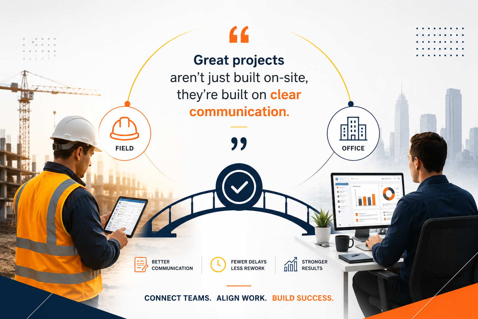 A conceptual graphic illustrating project communication bridging the gap between field and office teams. On the left, a construction worker on-site looks at a tablet; on the right, an office manager works at a desktop computer displaying project data dashboards. A central quote reads, Great projects aren't just built on-site, they're built on clear communication.