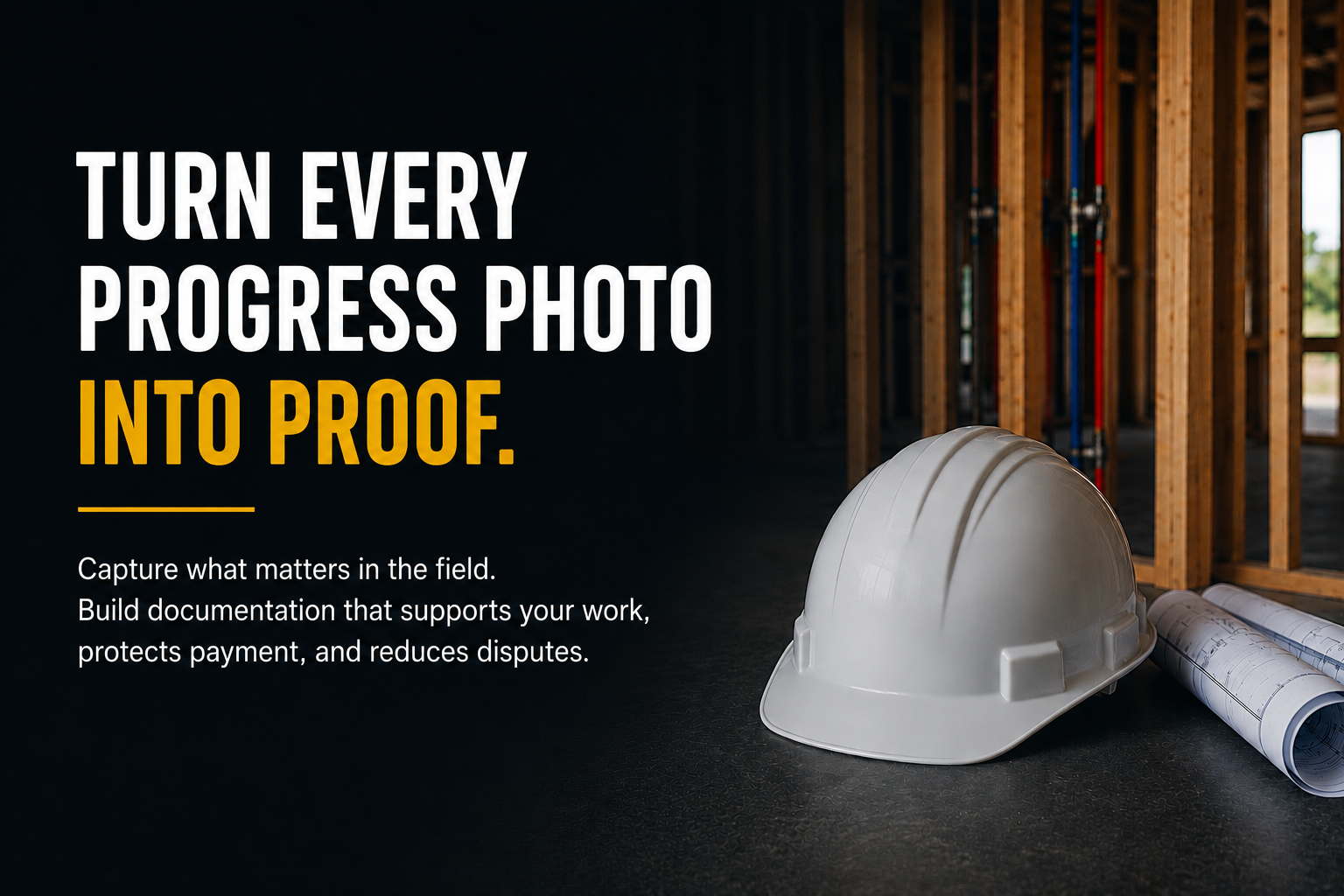 Construction documentation concept showing how progress photos become proof for inspections, payment applications, change orders, and construction disputes.