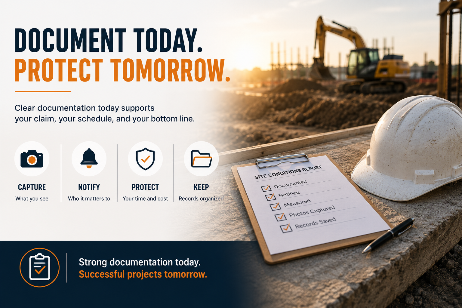 Construction site documentation checklist with hard hat and inspection report highlighting accurate records for change orders and payment protection.