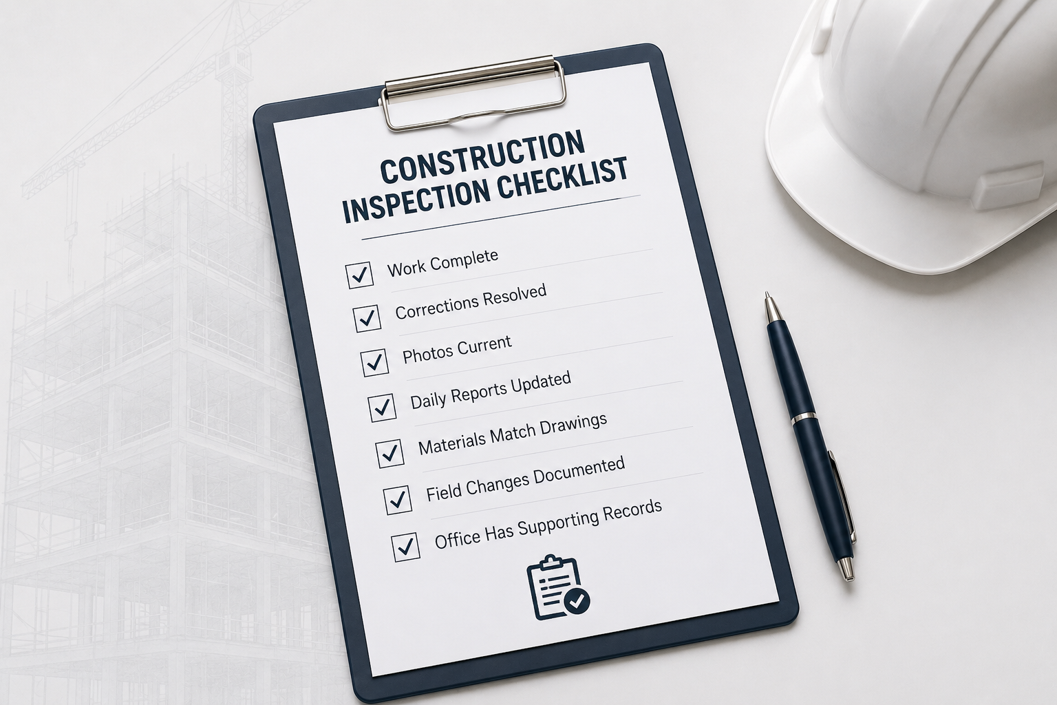 Construction inspection readiness checklist on a clipboard showing completed work, resolved corrections, progress photos, daily reports, and supporting documentation before inspection.