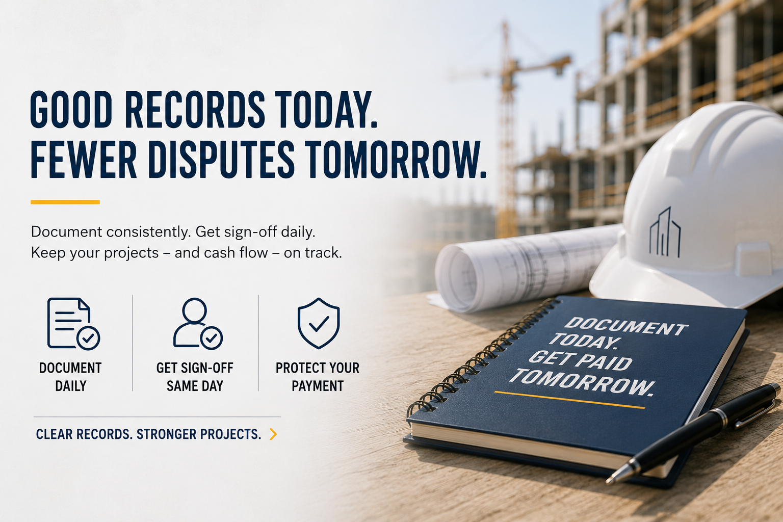 Construction documentation for time and materials billing showing daily records, sign-off process, hard hat, and project notebook on a construction site.