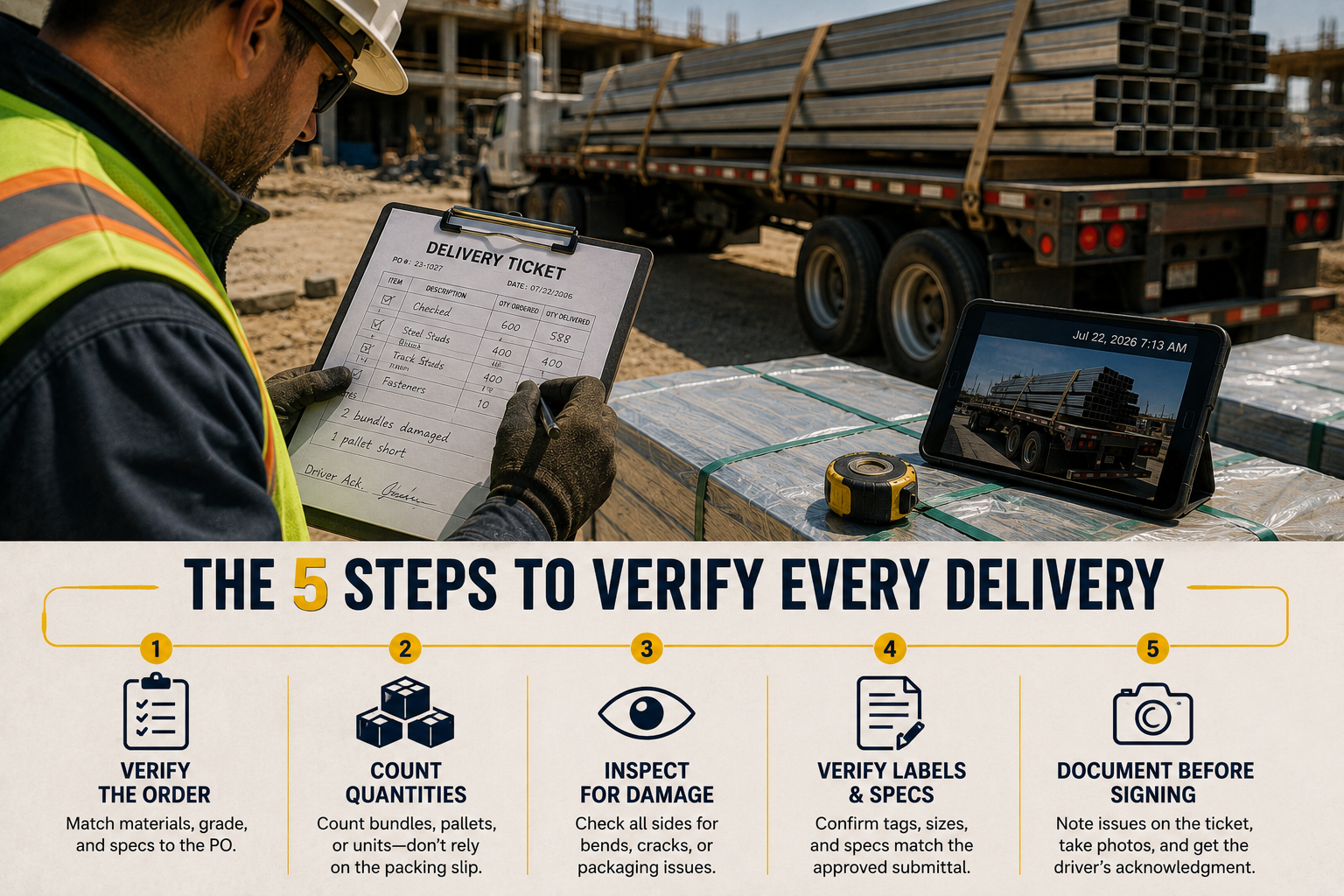 Five-step construction material delivery checklist showing how to verify materials, inspect damage, count quantities, confirm specifications, and document deliveries before signing.