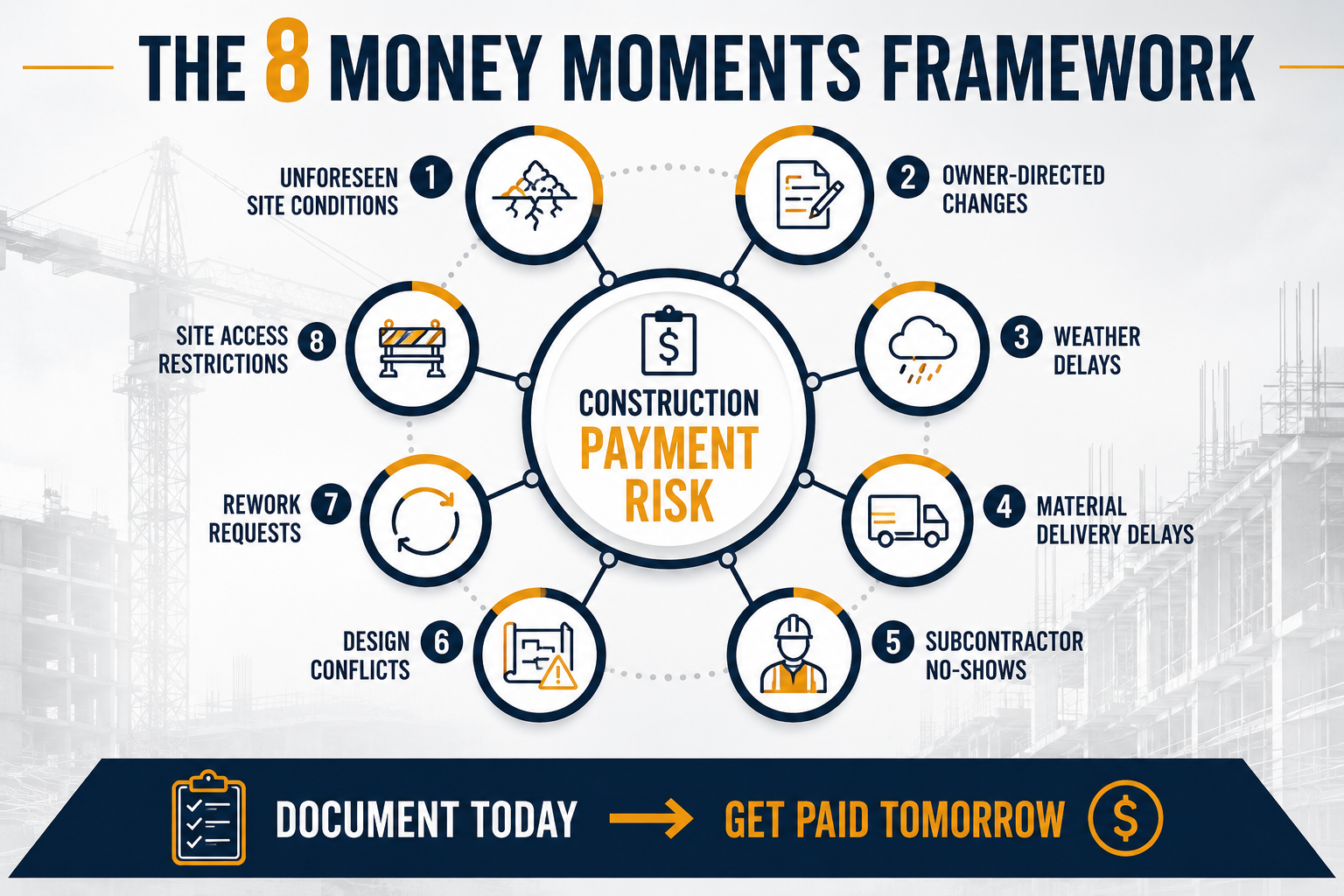 Construction payment risk infographic illustrating the 8 Money Moments Framework, including unforeseen site conditions, owner-directed changes, weather delays, material delivery delays, subcontractor no-shows, design conflicts, rework requests, and site access restrictions.