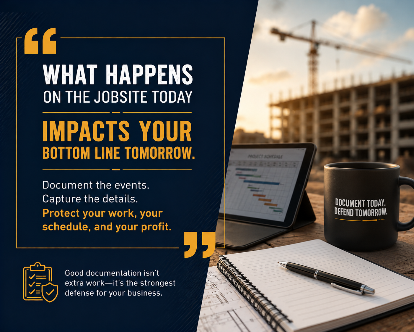 Construction documentation quote graphic emphasizing that what happens on the jobsite today impacts your bottom line tomorrow, highlighting the importance of documenting construction events and protecting contractor profits.