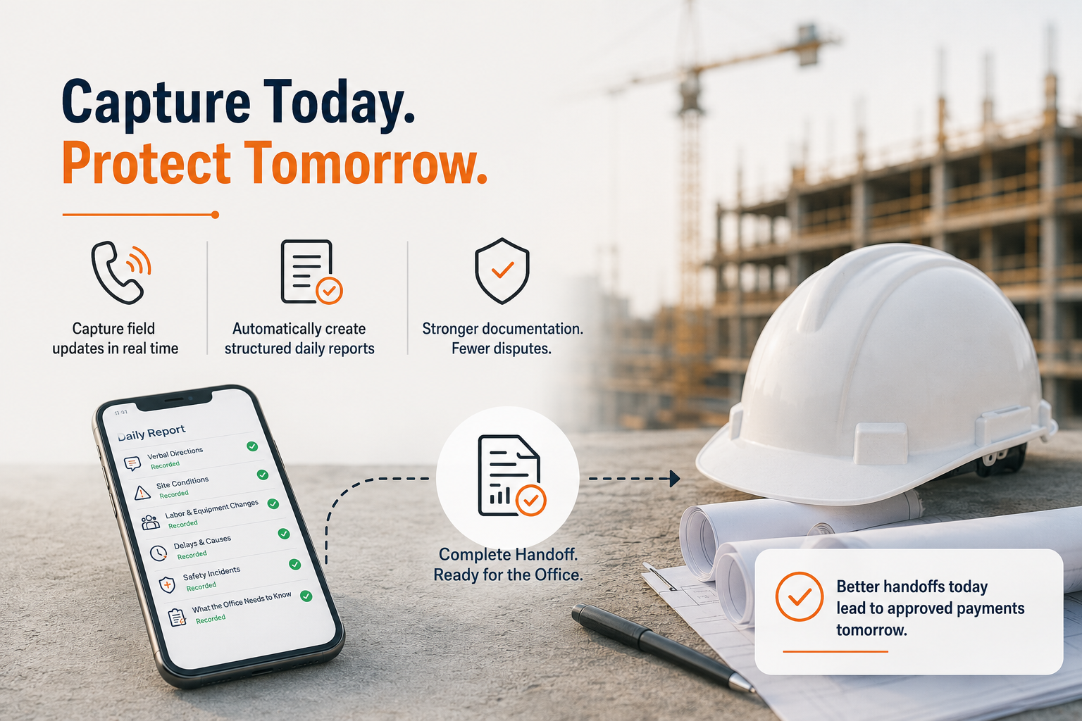 AI-powered construction field reporting that captures superintendent updates, generates structured daily reports, and improves end-of-shift documentation.
