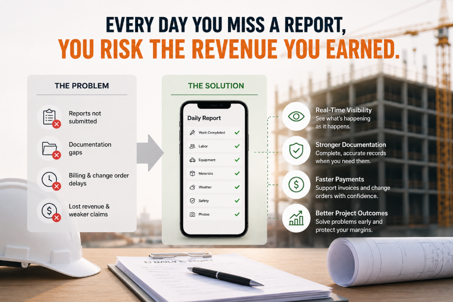 Construction daily report workflow infographic showing how missing reports create documentation gaps, billing delays, lost revenue, and how digital reporting improves project visibility and payments.