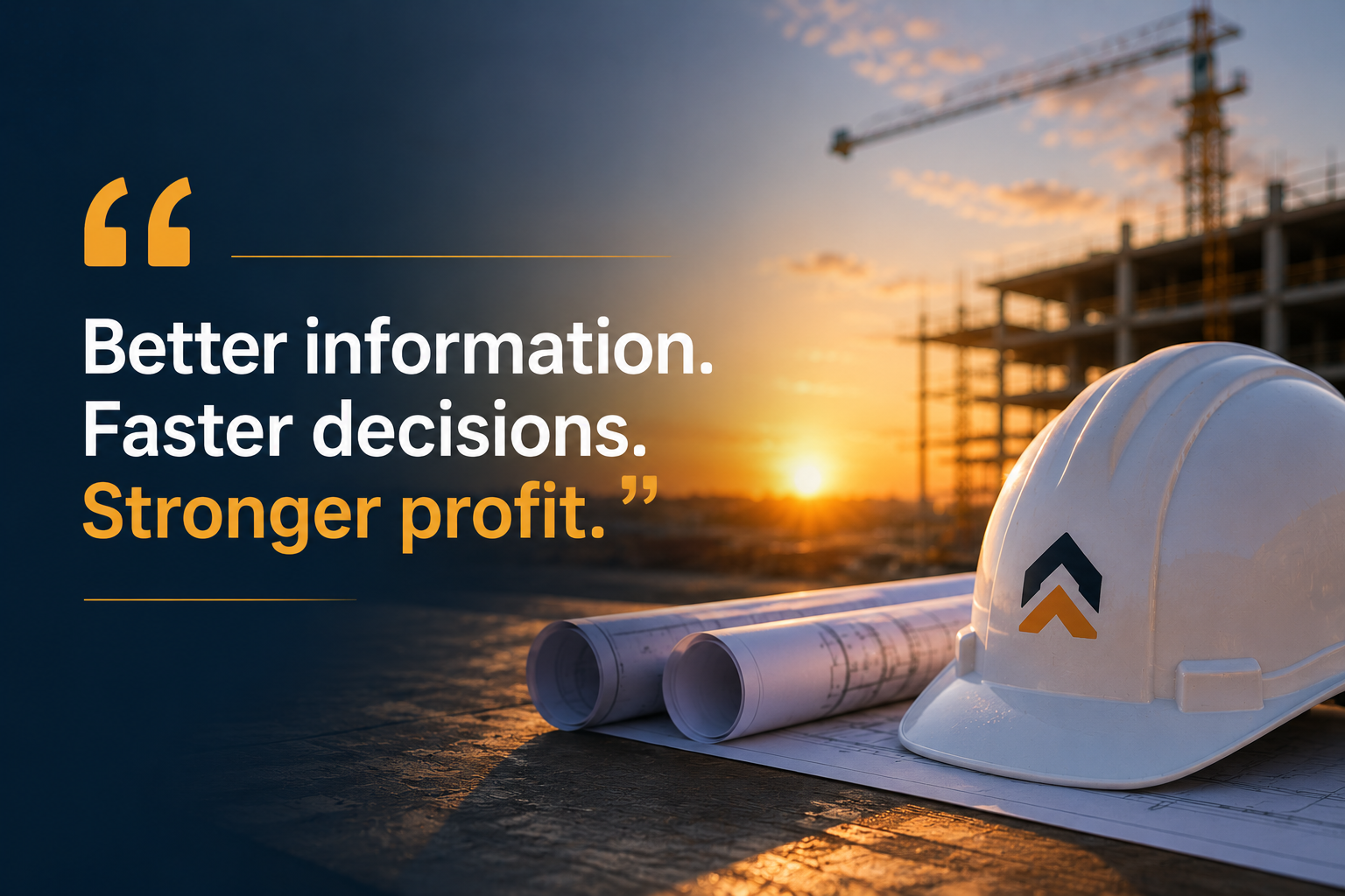 Construction workflow automation concept featuring a construction site at sunset with a quote about better information, faster decisions, and stronger profit.