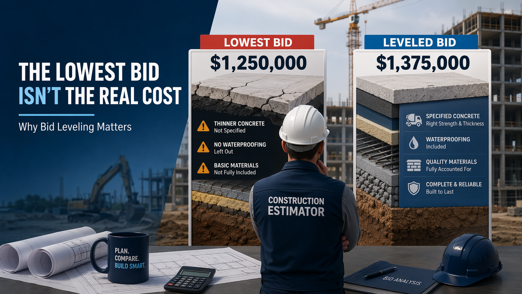 A construction estimator looks at a visual comparison of two building methods. The "Lowest Bid" at $1,250,000 shows thin, cracked concrete and missing waterproofing. The "Leveled Bid" at $1,375,000 shows a high-quality cross-section with specified concrete, waterproofing, and reliable materials. The text emphasizes that the lowest bid isn't always the real cost.
