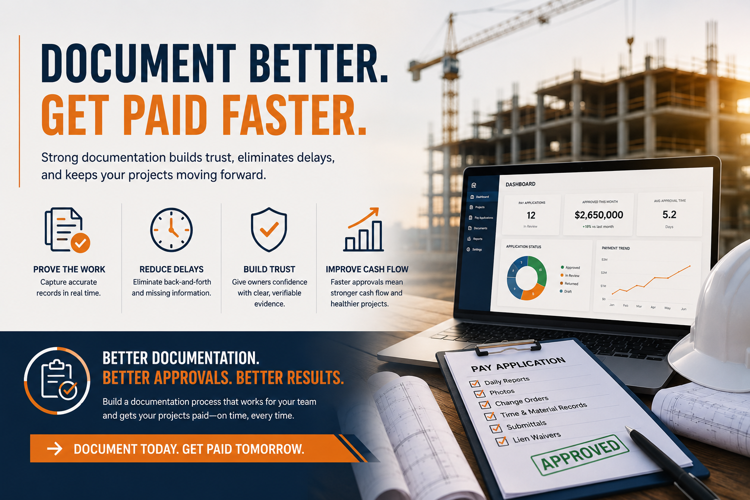 Construction documentation system helping contractors reduce delays and improve cash flow with faster payment approvals.