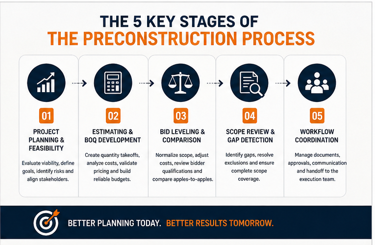Infographic showing the 5 key stages of preconstruction: project planning, estimating and BOQ development, bid leveling, scope review, and workflow coordination.