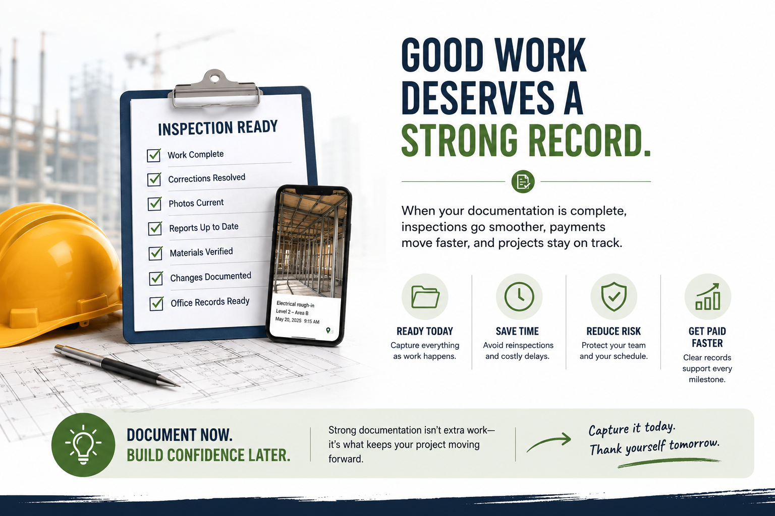 Inspection-ready construction documentation workflow showing checklist, field records, progress photos, and documentation that helps reduce reinspection delays and support project records.