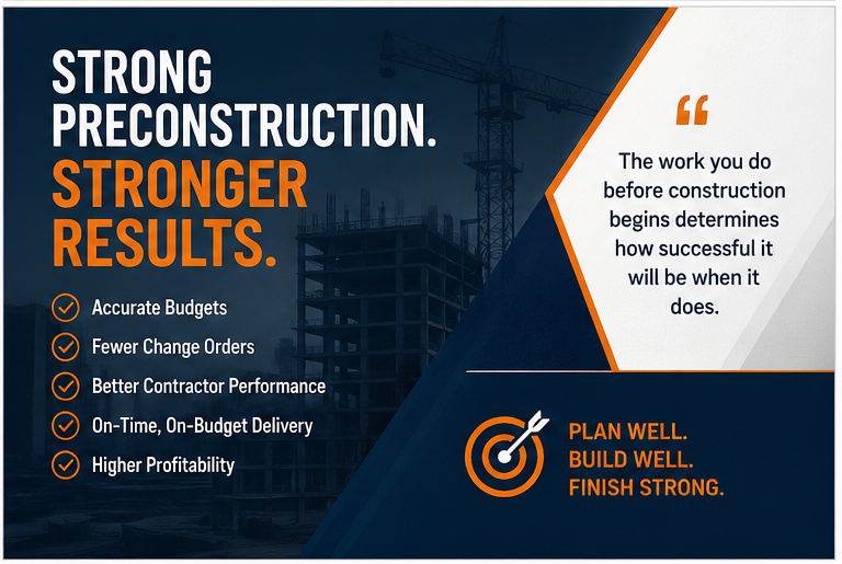 Graphic highlighting that strong preconstruction leads to accurate budgets, fewer change orders, and higher profitability in construction projects.