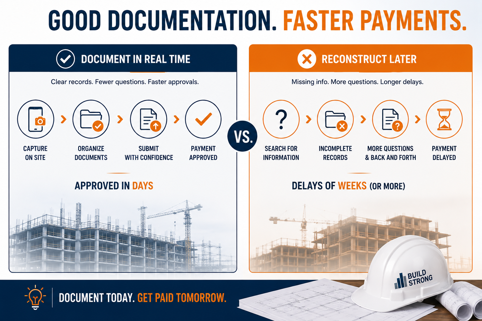 Split-screen illustration comparing organized real-time construction documentation with disorganized records, showing how better documentation results in faster pay application approvals and improved cash flow.