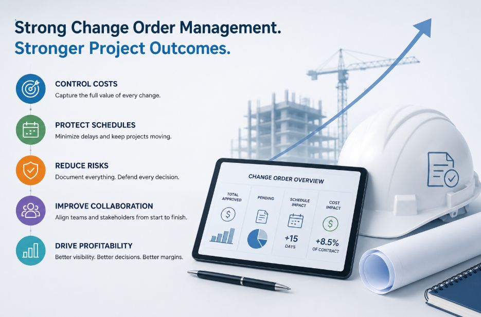An infographic highlighting the benefits of change order management: control costs, protect schedules, reduce risks, improve collaboration, and drive profitability, featuring a digital tablet showing project impacts.
