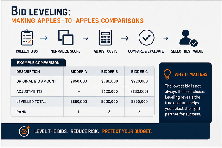 A table showing an example of construction bid leveling, comparing three bidders and adjusting costs to reveal the true leveled total.