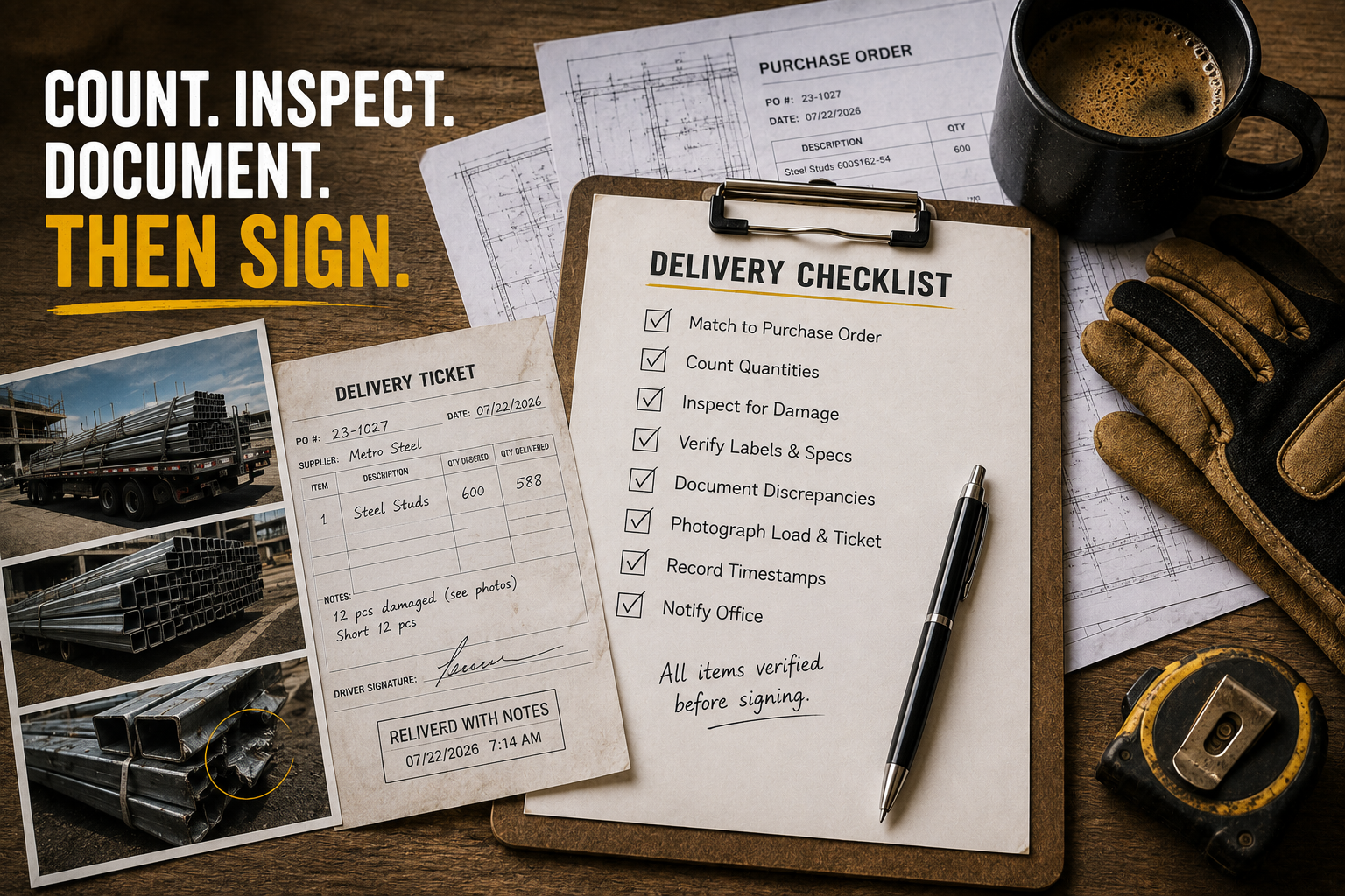 Construction material delivery documentation checklist with purchase order, delivery ticket, inspection photos, and completed verification checklist before signing.