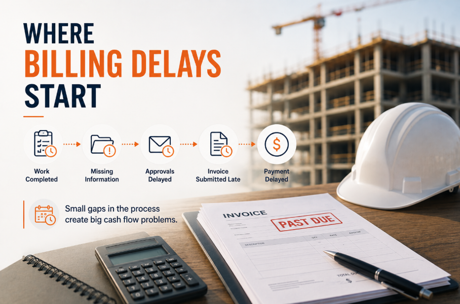 Construction billing delay workflow showing how missing documentation, approval delays, and late invoice submission lead to slow payments.