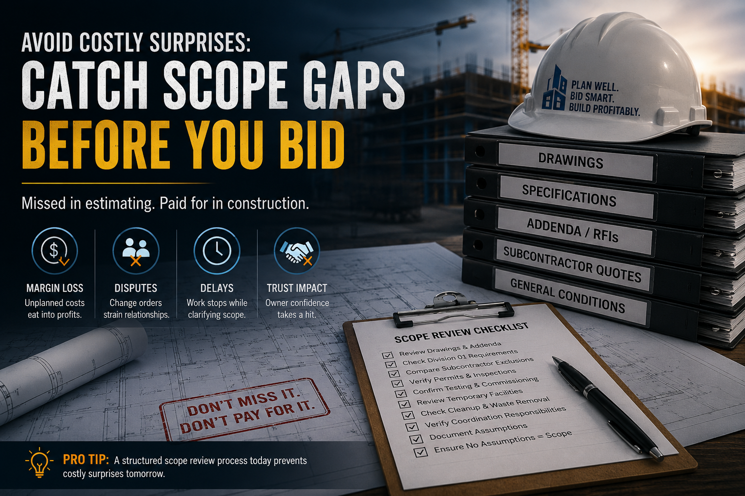 Construction scope gap review checklist before bidding, showing project drawings, specifications, RFIs, subcontractor quotes, and estimating documents used to prevent costly construction overruns.