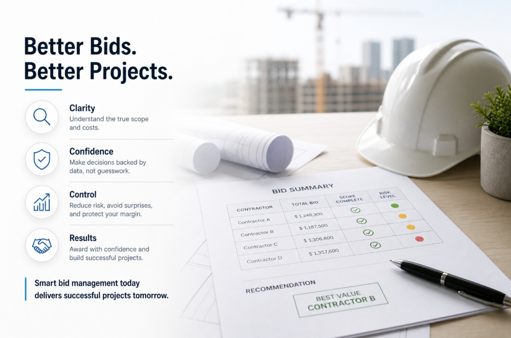 A construction planning desk featuring a white hard hat, blueprints, and a "Bid Summary" document comparing four contractors. Text on the left highlights the benefits of smart bid management: Clarity, Confidence, Control, and Results.