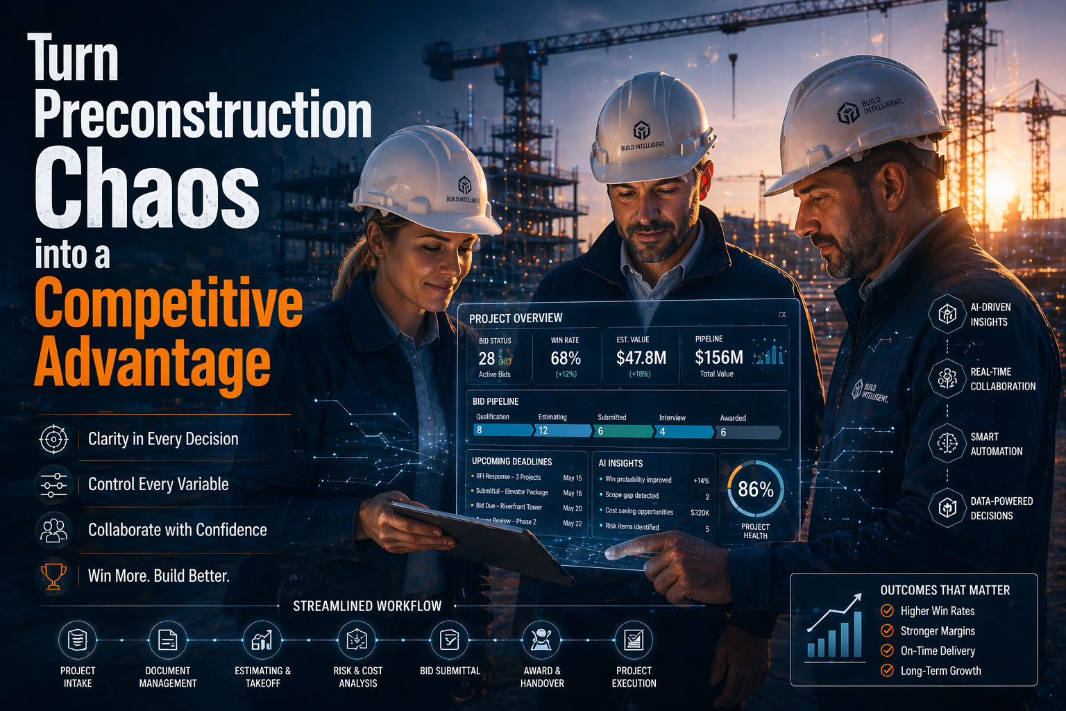 Confident construction team reviewing digital tablet with AI-powered project dashboard at sunrise job site, representing organized preconstruction workflow, data-driven decisions, and improved collaboration.