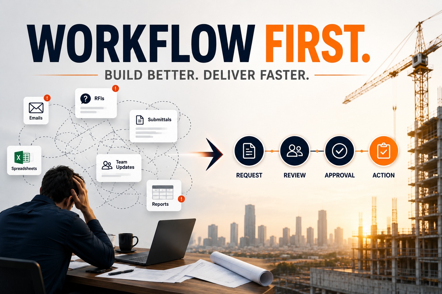 An infographic illustrating how to optimize construction operations. The left side shows a chaotic project management process involving disjointed emails, spreadsheets, and submittals causing delays. The right side features a structured four-stage workflow pipeline Request, Review, Approval, Action overlooking an active construction site at sunset.