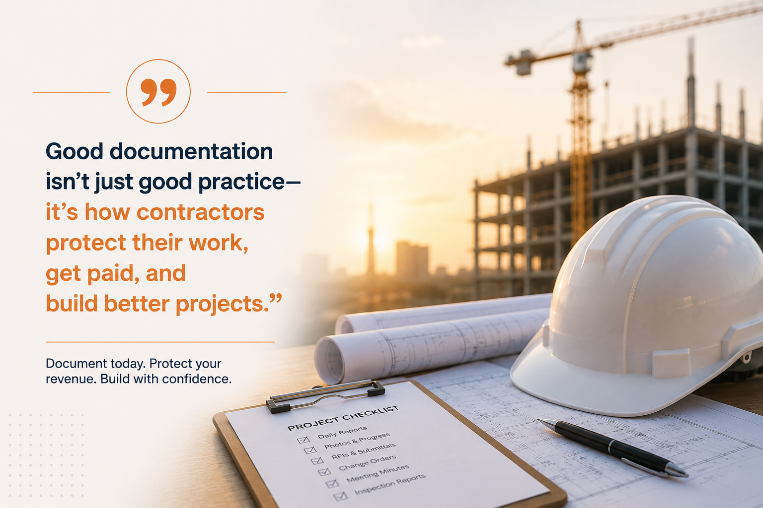 Construction documentation and revenue protection with project records, daily reports, change orders, and payment support